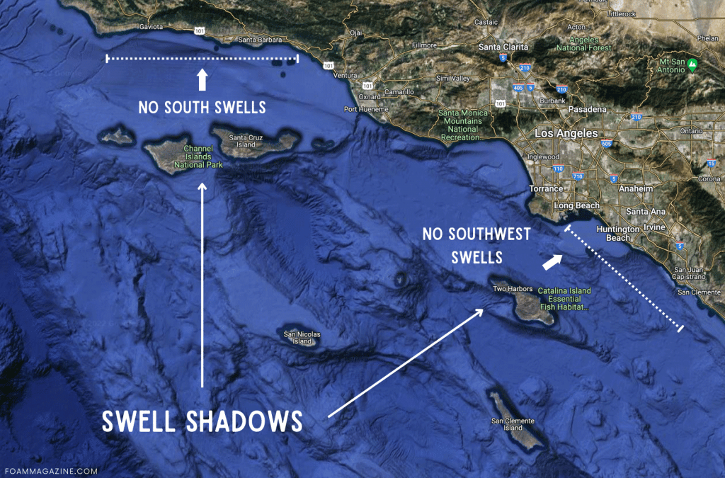 Graphic depicting islands off the California coast as swell shadows